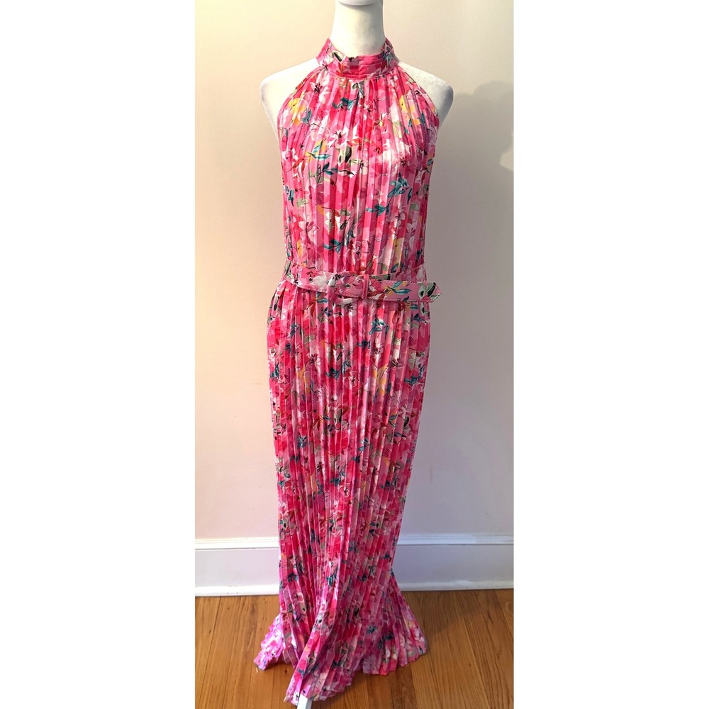 NWOT Like‎ the Moon Pink Floral Pleated Halter Maxi Dress Belt Medium DS22007-2